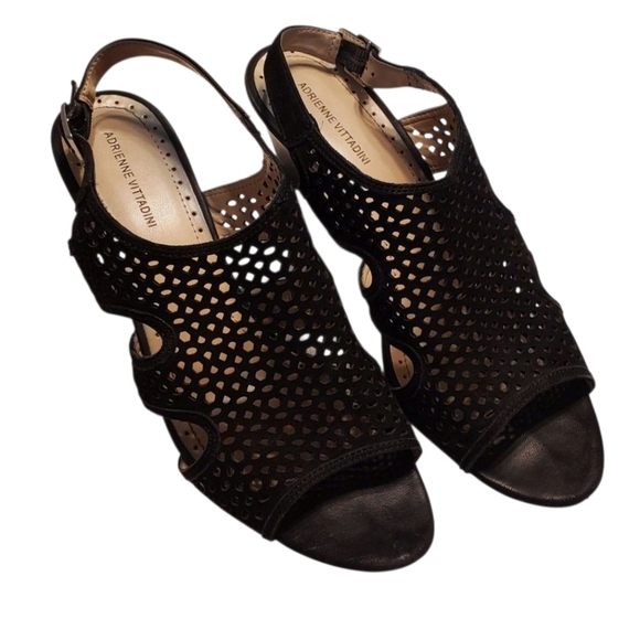 Adrienne Vittadini Suede Black Slingback Peeptoe Perforated Wedge Sandals Sz 10 - Picture 1 of 6